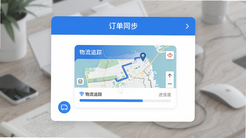 主体为米米商聊App的订单同步功能预览,布局为对话框形式,中间嵌入一张包含地图路线和进度条的订单卡片,风格为商务蓝配色,细节精致,画质高清,干净,无多余元素,文字内容为“订单同步”、“物流追踪”