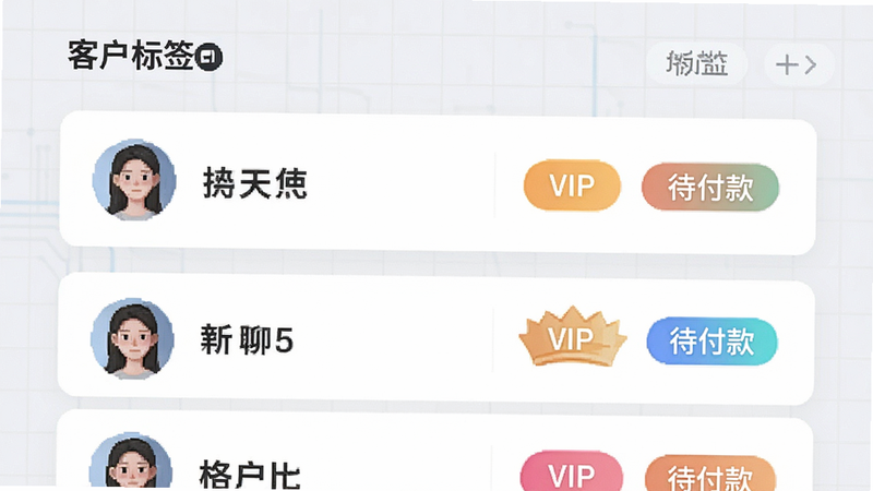 主体为米米商聊App的客户管理界面示意图,布局为卡片式列表,左侧显示头像与姓名,右侧显示彩色标签如“VIP”、“待付款”,背景为浅灰色网格,风格为科技感UI设计,细节清晰,画质细腻,干净,无多余元素,文字内容为“客户标签”、“智能分类”