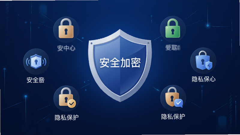 主体为米米商聊App的安全中心界面,布局为盾牌图标居中,周围环绕加密锁、隐私保护等图标,背景为深蓝色渐变,风格为严肃专业,细节丰富,画质清晰,干净,无多余元素,文字内容为“安全加密”、“隐私保护”
