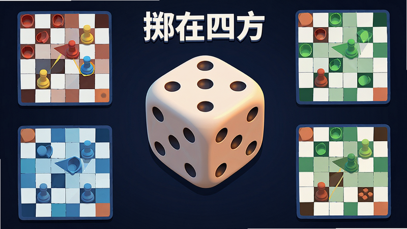 主体为《掷在四方-4v12》游戏主界面,布局采用中心聚焦式,中央显示巨大的3D立体骰子,周围环绕四个方向的棋盘格,排版清晰无杂乱,风格为现代扁平化卡通渲染,细节处体现骰子点数的光影质感,画质高清,背景干净无多余元素,文字标注“掷在四方”