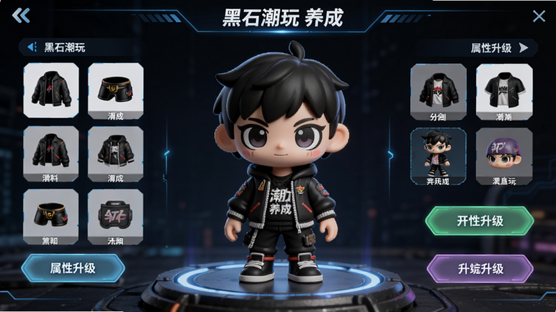 黑石潮玩潮玩养成界面预览,主体为单个3D潮玩角色立于中央,周围环绕着装扮选项与属性升级按钮,布局对称平衡,风格科技感与潮流感结合,细节展示角色纹理与光影效果,画质高保真,干净,文字包含