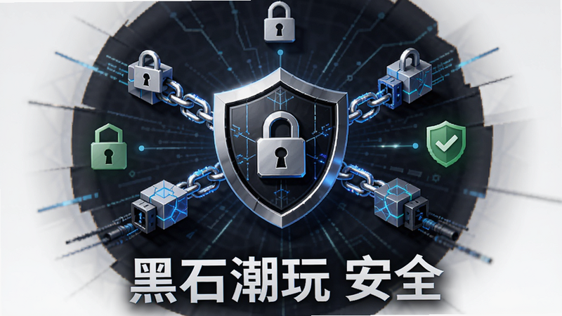 黑石潮玩安全交易流程示意图,主体为盾牌图标与区块链链条元素组合,布局中心辐射状,风格专业稳重,细节展示锁形图标与验证标记,画质清晰,干净,文字包含