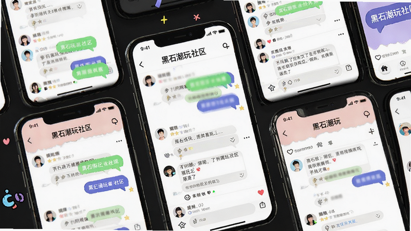 黑石潮玩社区互动场景图,主体为多个手机屏幕拼接展示聊天界面与帖子列表,布局呈网格状,风格活泼年轻,细节显示用户头像与评论气泡,画质清晰,干净,文字包含