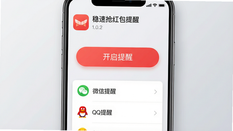 主体为稳速抢红包提醒APP的手机界面截图,布局清晰,顶部显示APP名称和版本号1.0.2,中间是大大的红色按钮“开启提醒”,下方是简洁的功能列表如“微信提醒”、“QQ提醒”,风格为现代扁平化UI设计,细节处有柔和的阴影效果,画质高清,干净无多余元素,背景为浅灰色渐变,文字内容清晰可见,包含“稳速抢红包提醒”字样,整体视觉专业且亲切