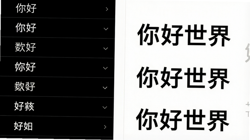 一张展示字体选择界面的UI设计图,左侧列出多种字体名称列表,右侧显示对应的预览文本,如“你好世界”,界面设计简洁大方,采用白色背景与黑色文字,突出字体差异,主体为应用界面,布局左右分栏,排版整齐,风格扁平化,细节精致,画质高清,干净,无多余元素