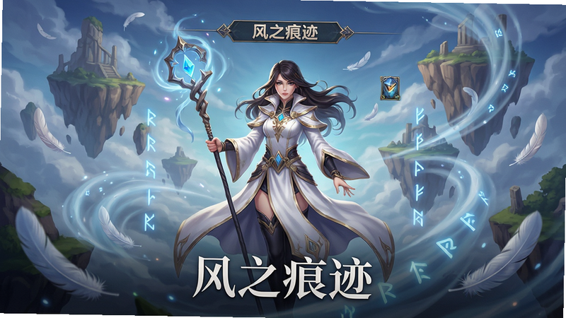 一张高质量的游戏宣传主视觉图,主体是名为“风之痕迹”的卡牌游戏界面,画面中央展示一位身穿白色长袍、手持风元素法杖的女性角色,背景是漂浮的岛屿与流动的风元素特效,布局采用中心对称构图,排版简洁大气,风格为精致二次元插画风,细节丰富,包括飘落的羽毛与发光的符文,画质4k高清,干净无多余元素,文字“风之痕迹”位于画面底部中央,字体优雅