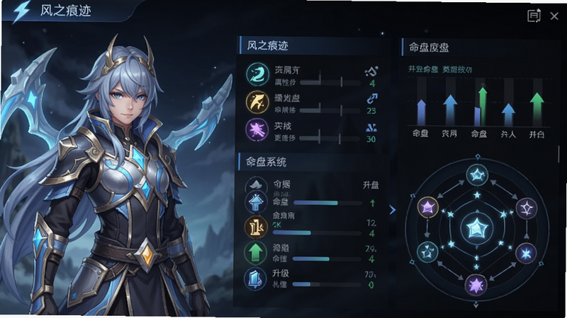 游戏角色养成界面预览图,展示“风之痕迹”中的角色属性面板与命盘系统,布局为左右分栏,左侧为角色立绘,右侧为数据图表与命盘星图,排版清晰有序,风格为现代UI设计,细节包括发光的属性图标与升级箭头,画质精细,干净背景,无多余装饰