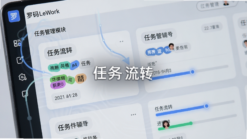 主体为罗码LeWork任务管理模块特写,布局展示拖拽排序动态效果,排版突出任务卡片与进度条,风格为科技感与商务结合,细节显示任务标签与时间戳,文字标注
