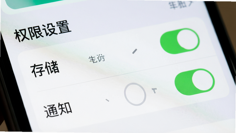 主体为手机设置界面权限管理特写,布局聚焦于应用权限开关区域,排版突出“存储”与“通知”选项,风格为UI界面截图风,细节显示权限开关状态,文字标注