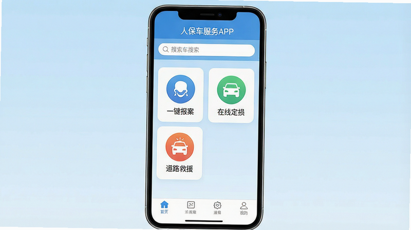 一张高清扁平化风格的应用界面预览图,主体为“人保车服务APP”的手机模拟屏幕,布局清晰,顶部有搜索栏,中间展示“一键报案”、“在线定损”、“道路救援”三个大图标,底部为导航栏,背景为浅蓝色渐变,细节丰富,画质干净,无多余元素