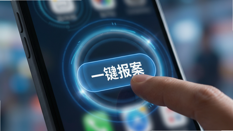 特写镜头展示手机屏幕上“一键报案”按钮被手指点击的瞬间,周围有动态的光圈效果,背景虚化,突出操作的便捷性和科技感,文字“一键报案”清晰可见,风格现代简约,画质高清