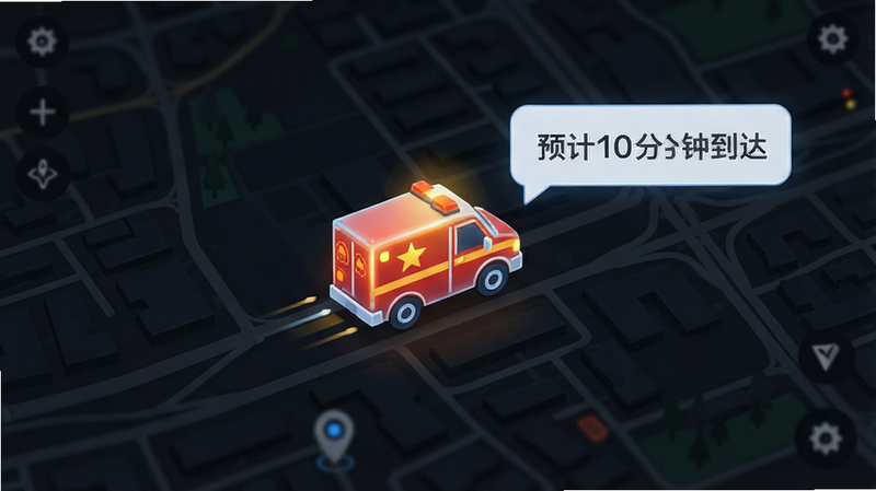 地图界面背景,上面有一个救援车图标正在移动,旁边显示“预计10分钟到达”的气泡框,整体色调为深色地图配亮色图标,体现实时定位与追踪功能,构图平衡,画质细腻