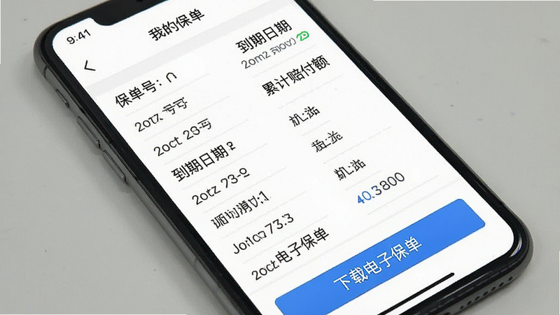 手机界面展示“我的保单”页面,列表形式展示保单号、到期日期、累计赔付额等关键信息,下方有“下载电子保单”按钮,界面整洁,字体清晰,背景纯白,突出信息查阅的便利性,无杂乱元素