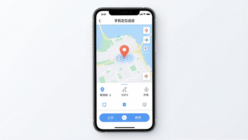 生成一张现代科技风格的软件界面预览图,主体是手机屏幕显示的“手机定位追迹”应用界面,布局清晰,顶部显示实时地图定位标记,底部有简单的操作按钮,排版整洁,风格简约商务,细节处体现高精度定位图标,画质高清,干净无多余元素