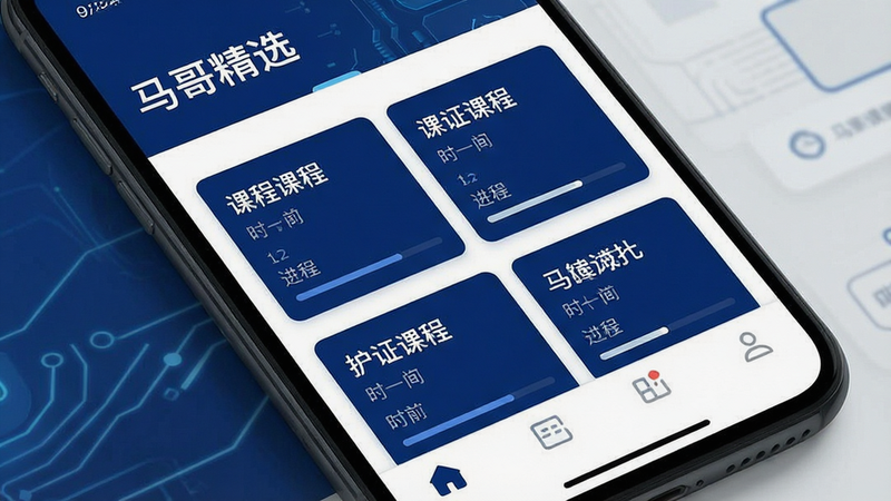 一张现代简约风格的手机屏幕特写,界面显示“马哥精选”APP的主页,顶部有清晰的标题栏,中间区域整齐排列着课程列表卡片,每张卡片包含课程名称、时长和进度条,底部有导航栏,整体色调为深蓝色与白色搭配,体现科技感和专业感,高清,无多余元素