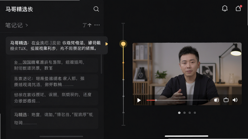 展示“马哥精选”APP内部的笔记与视频同步界面,左侧是文字笔记区域,右侧是视频播放窗口,中间有一条垂直的时间轴连线,高亮显示当前选中的笔记段落与视频时间的对应关系,界面清晰直观,深色背景,UI设计现代,4k分辨率