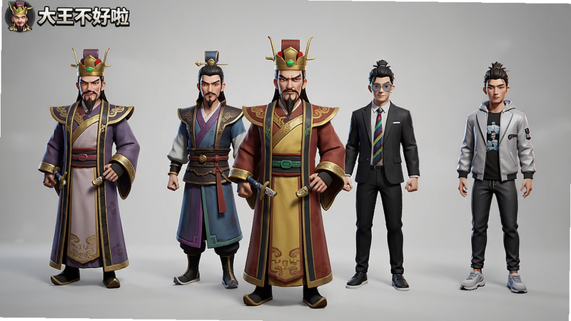 角色皮肤展示界面,展示《大王不好啦》中大王的多套不同风格服装,从古典到现代,色彩搭配协调,角色模型细节丰富,背景简洁以突出角色,高清,无多余元素
