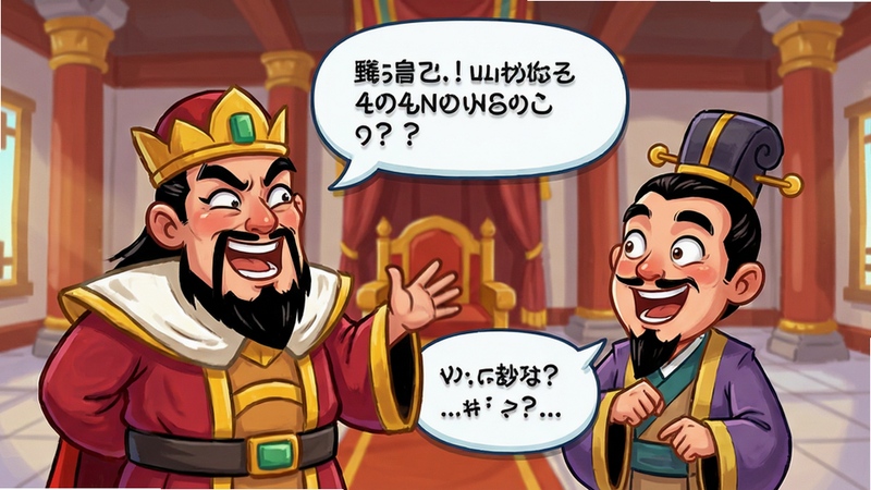 游戏剧情对话框,显示大王与大臣的幽默对话,背景为卡通宫殿内景,角色表情夸张生动,文字气泡清晰可见,风格轻松愉快,高清,无多余元素