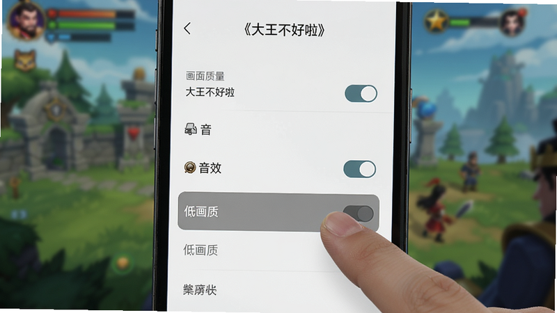 手机设置界面,显示《大王不好啦》的游戏设置选项,包括画面质量、音效开关等,界面简洁明了,手指正在点击“低画质”选项,背景为模糊的游戏场景,高清,无多余元素