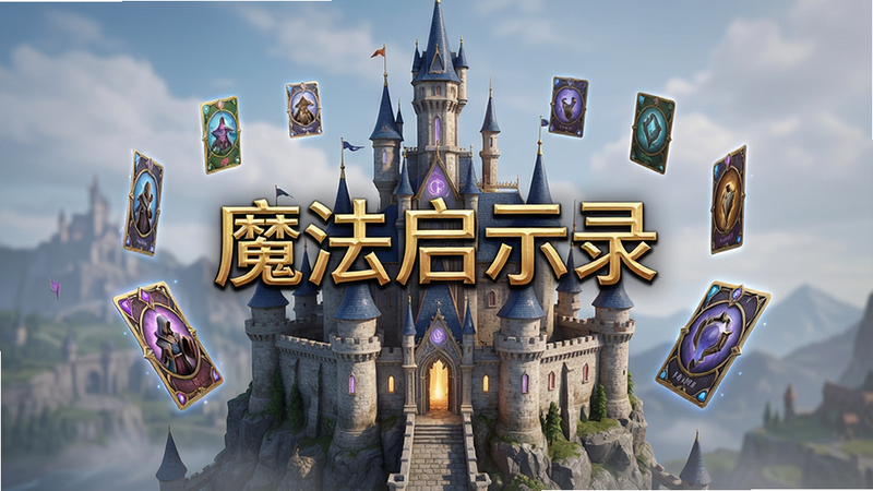 一张展示魔法启示录游戏主界面的概念图,主体为精美的3D渲染魔法城堡与悬浮卡牌,布局居中,排版清晰,风格为奇幻写实风,细节丰富,画质8k,干净无多余元素,文字'魔法启示录'清晰可见