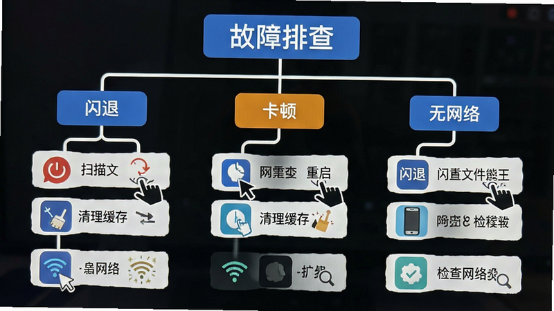 主体为手机故障排查流程图,显示“闪退”、“卡顿”、“无网络”三个分支,每个分支下有对应的解决步骤图标,布局为树状结构,排版逻辑清晰,风格简洁实用,细节展现点击“重启”、“清理缓存”、“检查网络”的动作,画质清晰,干净,无多余元素,文字内容包含“扫描文件万能王”、“故障排查”、“解决方案”