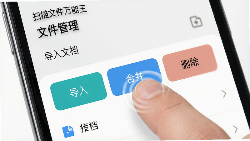 主体为手机文件管理界面,显示“导入”、“合并”、“删除”三个操作按钮,背景为文档列表,布局整齐,排版清晰,风格现代简约,细节展现手指点击“导入”按钮的动态,画质高清,干净,无多余元素,文字内容包含“扫描文件万能王”、“文件管理”、“导入文档”