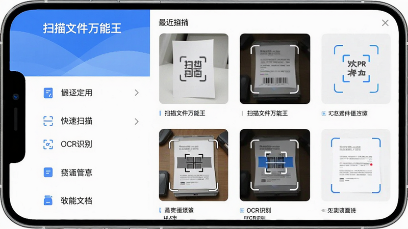 主体为手机屏幕界面,显示“扫描文件万能王”APP首页,布局清晰,左侧为功能菜单,右侧为最近扫描文档缩略图,排版简洁现代,风格扁平化,细节处展现高清扫描效果对比,画质清晰,干净,无多余元素,文字内容包含“扫描文件万能王”、“快速扫描”、“OCR识别”