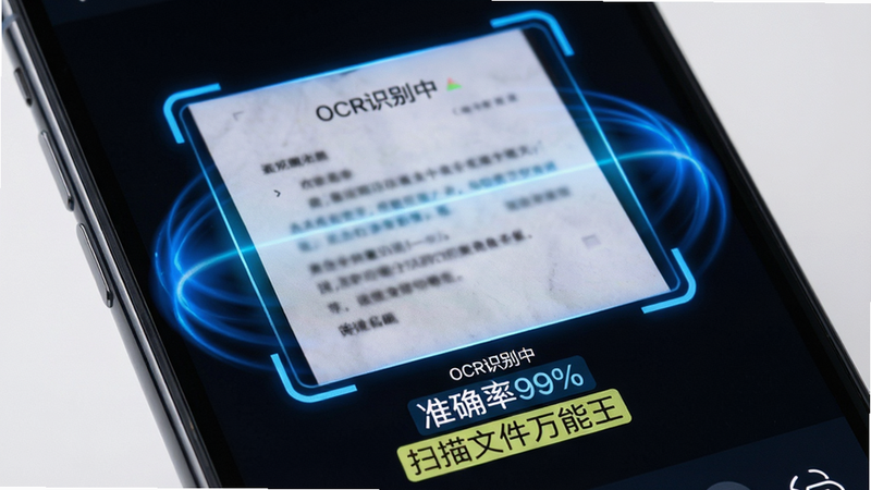 主体为手机屏幕特写,显示OCR识别过程,界面中央为一张模糊的纸质文件照片,周围有蓝色扫描框动态效果,下方显示识别出的文本区域高亮,布局聚焦于识别精度展示,排版紧凑,风格科技感强,细节展现文字提取的动态过程,画质高清,干净,无多余元素,文字内容包含“OCR识别中”、“准确率99%”、“扫描文件万能王”