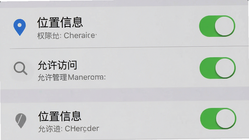 主体为手机设置界面截图,显示权限管理选项,布局为列表形式,排版清晰,风格为系统原生UI,细节处有开关按钮和图标,色彩为灰白基调,画质清晰,干净,无多余元素,文字包含