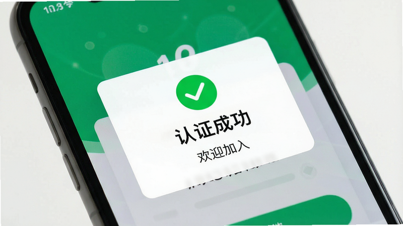 主体为手机屏幕显示认证成功页面,布局为中心弹窗形式,排版简洁,风格为成功反馈UI,细节处有绿色对勾图标和欢迎语,色彩明亮,画质高清,干净,无多余元素,文字包含