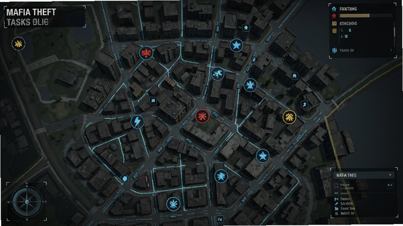 主体为Mafia Theft任务地图界面,布局显示复杂的城市街道网络,排版标注多个动态任务图标,风格为战术地图UI,细节清晰,画质清晰,干净,无多余元素