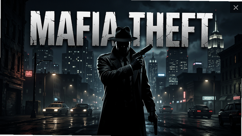 主体为Mafia Theft游戏主界面,布局展示城市夜景背景,排版包含中央角色持枪剪影,风格为写实暗黑动作风,细节丰富,画质高清,干净,无多余元素