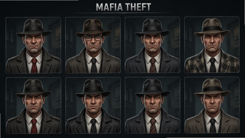 主体为Mafia Theft角色选择界面,布局展示多个不同装扮的黑帮角色,排版整齐排列,风格为写实人物插画,细节刻画面部表情,画质细腻,干净,无多余元素