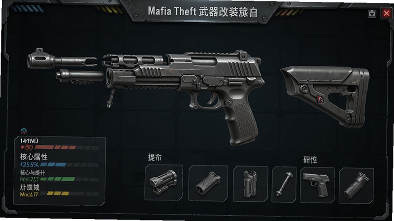 主体为Mafia Theft武器改装界面,布局展示枪械拆解与配件槽位,排版突出核心属性提升,风格为工业机械风,细节精密,画质高分辨率,干净,无多余元素