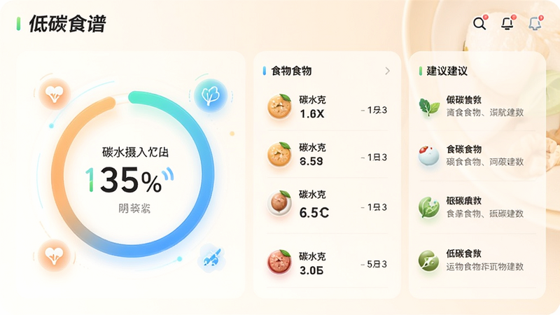 展示“低碳食谱”应用中的数据图表界面,主体为一个圆环进度条显示当日碳水摄入百分比,旁边列出具体食物列表及对应的碳水克数,布局左右分栏,左侧数据右侧建议,风格科技感与温馨感结合,细节处有动态图标,高清渲染,色彩柔和,无杂乱背景,文字标注清晰