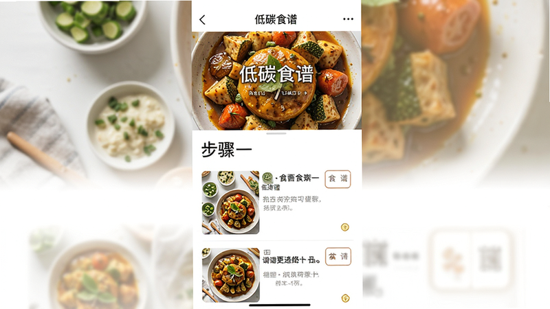 “低碳食谱”应用内的食谱详情页截图,顶部为诱人的成品美食大图,下方为步骤列表,每步配有小图,布局垂直滚动,排版整齐,字体易读,风格生活化,细节展示食材摆放,高清摄影质感,干净背景,突出食物色泽,文字说明简洁明了