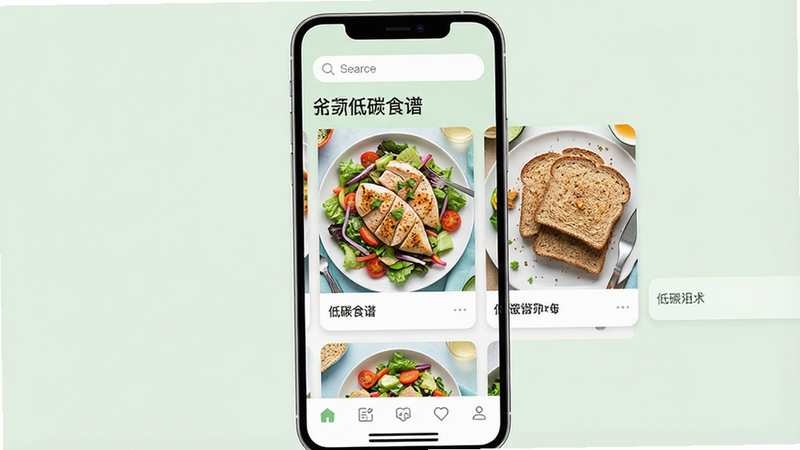 一张现代简约风格的手机APP界面展示图,主体为“低碳食谱”应用的主屏幕,布局清晰,顶部显示搜索栏,中间以卡片形式排列着色彩鲜艳的健康餐食图片如鸡胸肉沙拉和全麦面包,底部有导航栏,整体色调清新淡雅,采用扁平化设计,细节精致,高清画质,干净无多余元素,文字标签清晰可见
