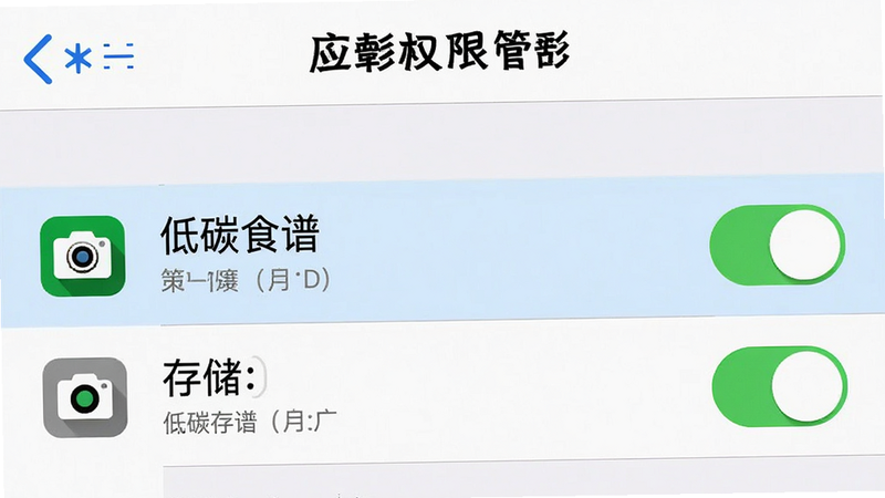 手机设置界面截图,展示“应用权限管理”页面,高亮显示“低碳食谱”的相机和存储权限开关,布局清晰,风格系统原生,细节处有权限图标,高清截图,背景干净,文字标注醒目,无多余元素