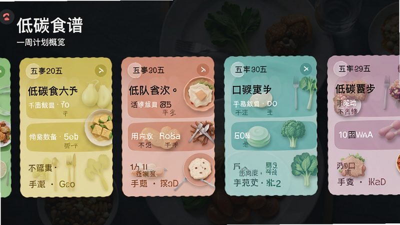 “低碳食谱”应用的一周计划概览界面,采用横向滑动卡片设计,每天一张卡片显示三餐概要,布局紧凑有序,风格简洁现代,细节处有日期标记,高清界面渲染,色彩区分不同餐次,无多余装饰,文字信息层级分明,易读性强