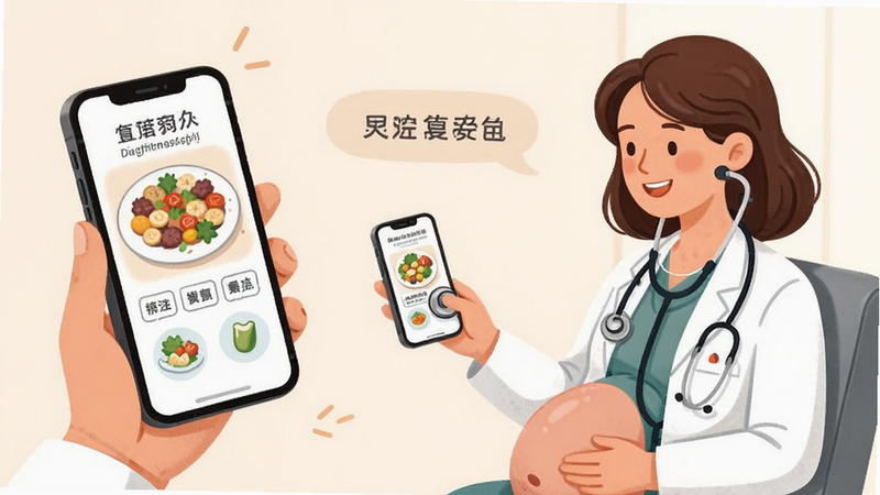 一位孕妇在手机前咨询医生的插画风格图,主体为医生和孕妇互动场景,布局温馨和谐,风格医疗科普类,细节处有听诊器和手机屏幕显示食谱,高清插画,色彩柔和,无多余背景,文字标签简洁