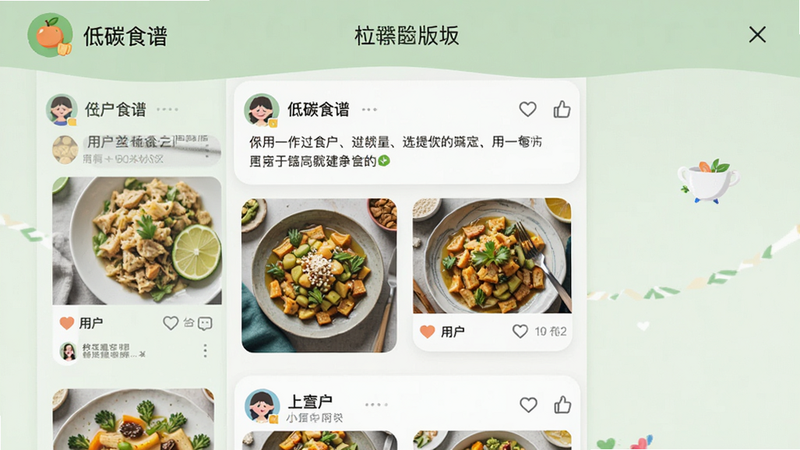 “低碳食谱”应用社区版块界面,显示用户发布的图文帖子,包含食物照片和文字描述,布局瀑布流样式,风格亲切社交化,细节处有头像和点赞图标,高清屏幕截图,色彩丰富,背景纯净,文字排版舒适,体现互动氛围