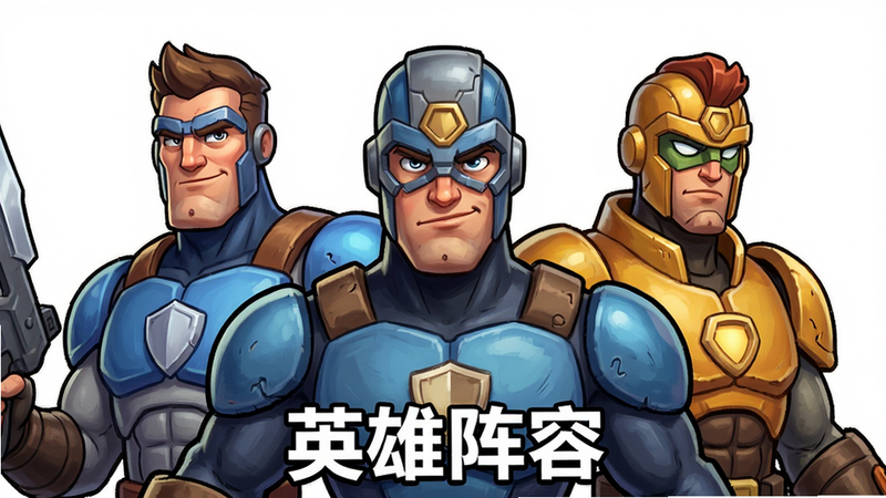 主体为“英雄防线”中的三位英雄角色立绘,布局呈三角形排列,排版紧凑,风格为美式卡通渲染,细节精致,画质超清,干净背景,文字“英雄阵容”位于底部