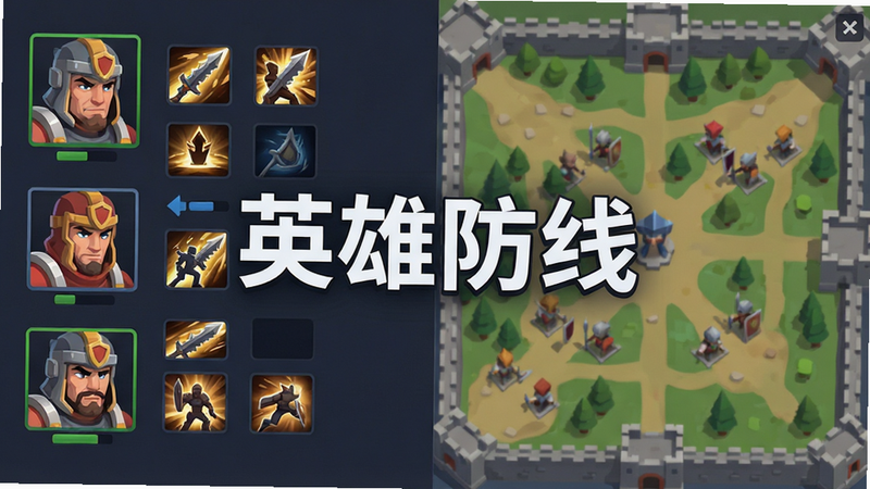 主体为“英雄防线”游戏主界面,布局清晰,左侧显示英雄头像与技能栏,右侧展示战场地图,排版采用现代扁平化风格,细节丰富,画质高清,干净无多余元素,文字“英雄防线”醒目居中