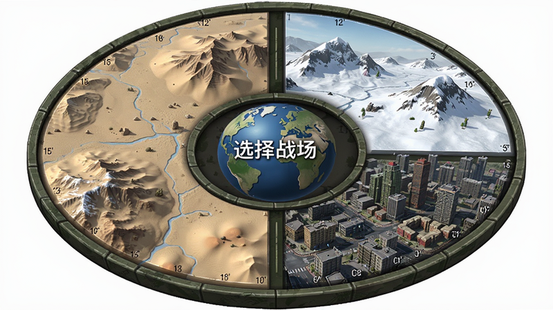 主体是狙击手3D免费版的多地图选择轮盘,布局为环形排列,中心是地球图标,外围分布着沙漠、雪原、城市三个扇区,排版均衡,风格军事地图质感,细节包含地形纹理与海拔标注,画质高清逼真,干净无多余装饰,文字