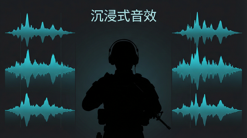 主体是狙击手3D免费版音频波形可视化界面,布局为左右声道对称分布,中心是一个正在聆听的士兵剪影,排版现代极简,风格深灰底色配青色波形,细节包含不同频率的声波峰值,画质细腻平滑,干净无杂乱线条,文字