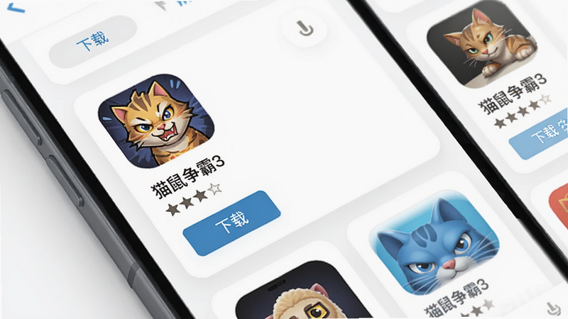 主体为手机应用商店界面,显示“猫鼠争霸3”应用卡片,布局为卡片式排列,排版现代,风格为极简主义,细节包含“下载”按钮和评分星星,画质高清,干净,无多余元素