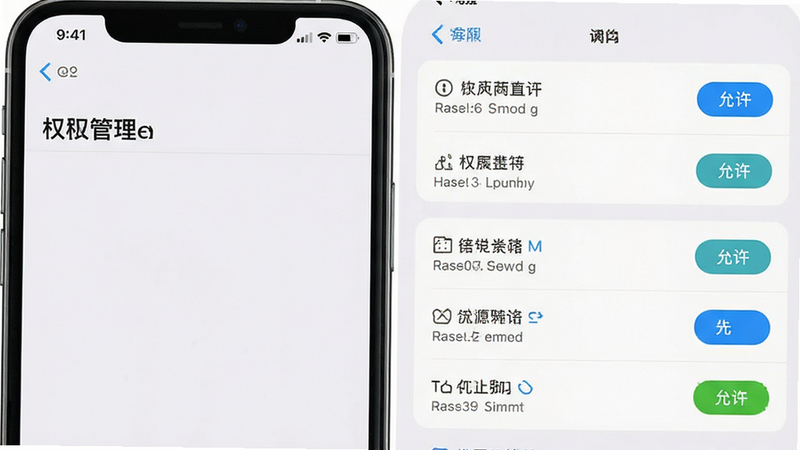 主体为手机设置界面截图,展示权限管理选项,布局为右侧列表,排版清晰,风格为系统原生UI,细节包含“允许”按钮高亮显示,画质清晰,干净,无多余元素