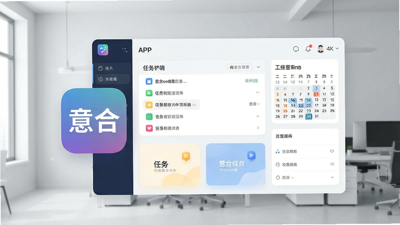 一张高清现代科技风格的软件界面展示图,主体为意合APP的主屏幕界面,背景为浅灰色极简办公室环境,前景突出显示APP图标与核心功能卡片,布局整齐,排版清晰,风格扁平化,细节包含任务列表与日历组件,画质4K,干净,无多余元素,文字“意合”清晰可见