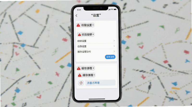 意合APP设置界面教程图,主体为手机屏幕,展示权限设置与缓存清理选项,布局垂直排列,排版清晰,风格扁平UI,细节突出红色警告图标与蓝色提示标签,画质高清,干净,无多余元素,文字“设置”加引号显示