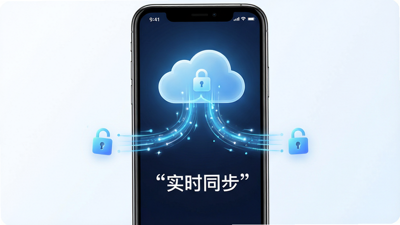 意合APP云端同步示意图,主体为手机与云朵连接的画面,布局中心对称,排版现代科技风,风格清新明亮,细节展示数据流动的光效与锁形安全图标,画质4K,干净,无多余元素,文字“实时同步”加引号显示